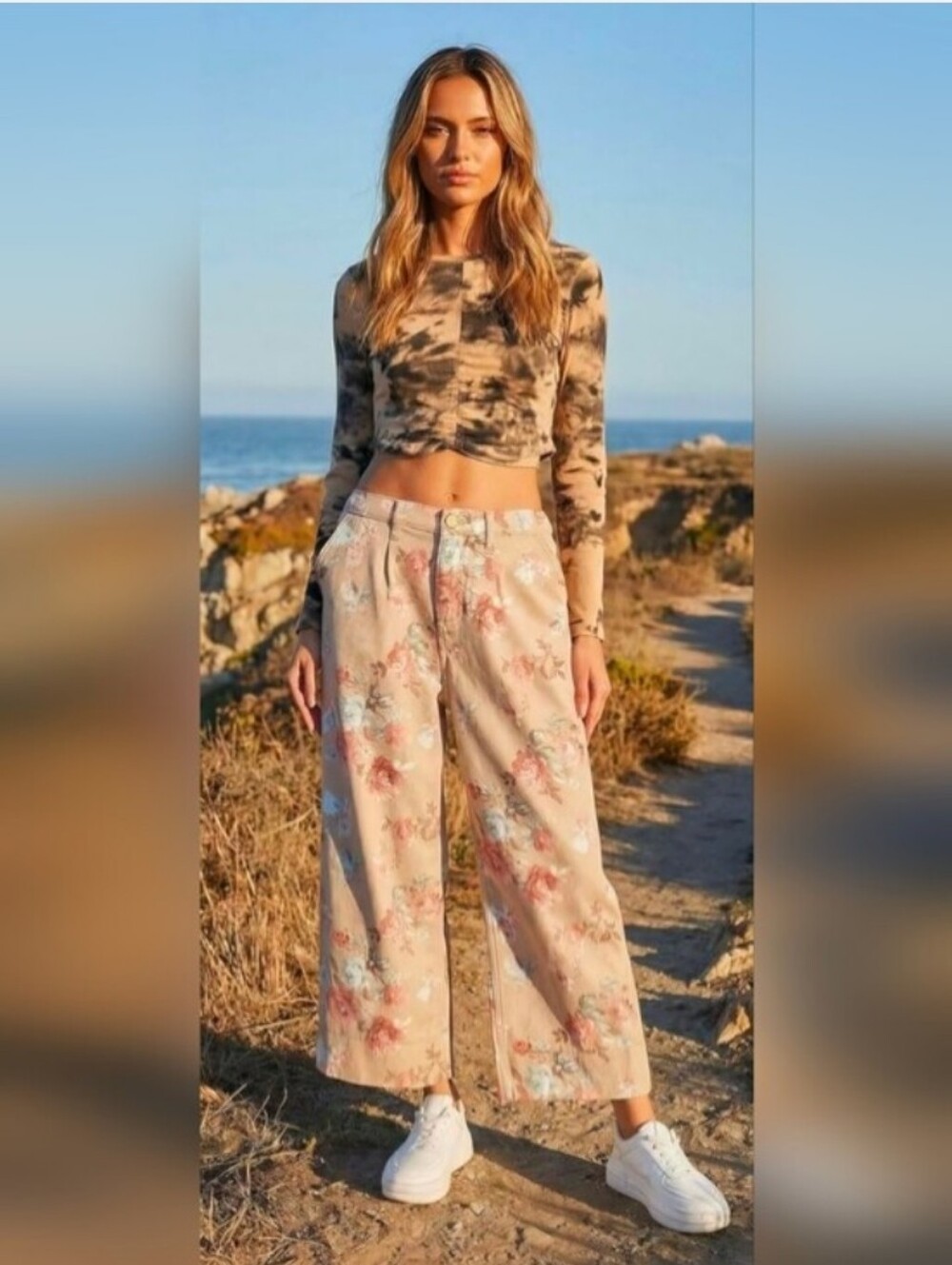 NWT Cropped Mid Rise Wide Leg Floral Print Boyfriend Ankle Jeans In Tan